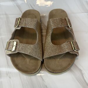 Fitory Girls Sz 4 Slide Sandals Cork Adjustable Glitter Gold Double Straps